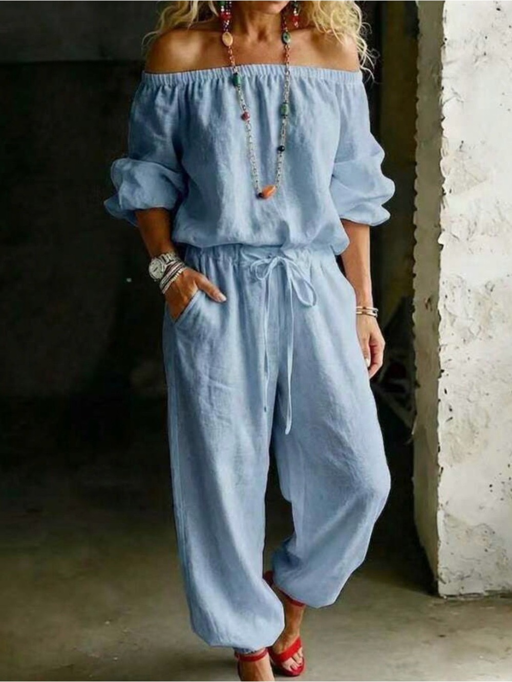 Light Blue Off-Shoulder Set